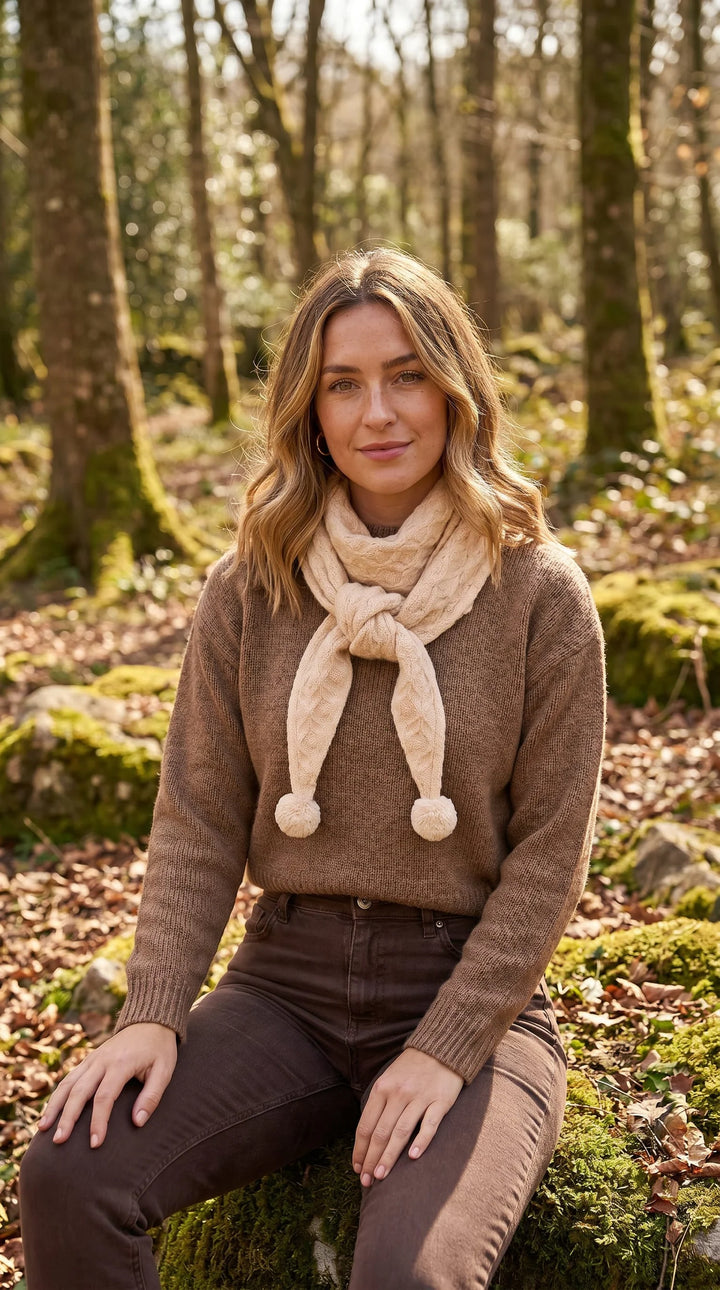 Knitted Triangle Scarf with Pom Pom Detail - Cream
