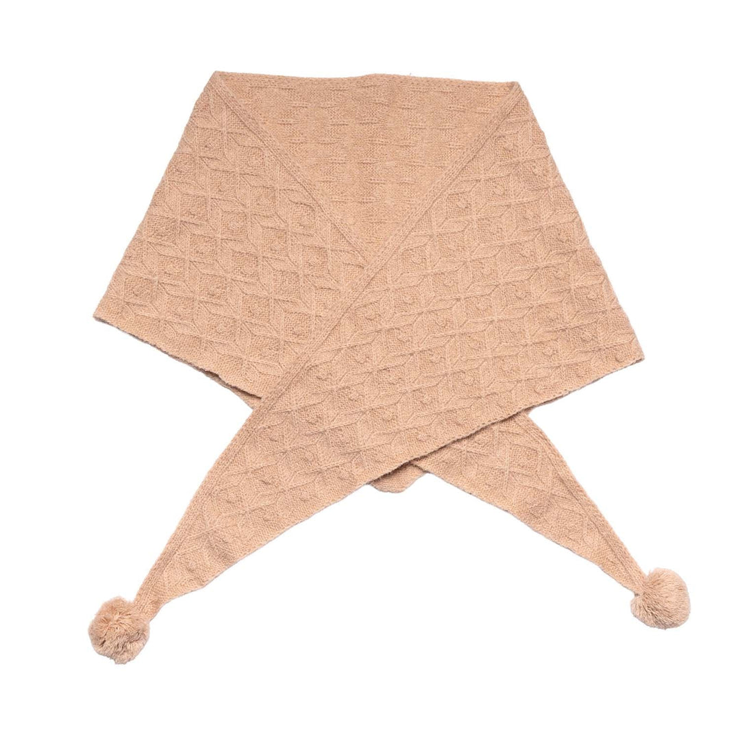Knitted Triangle Scarf with Pom Pom Detail - Caramel