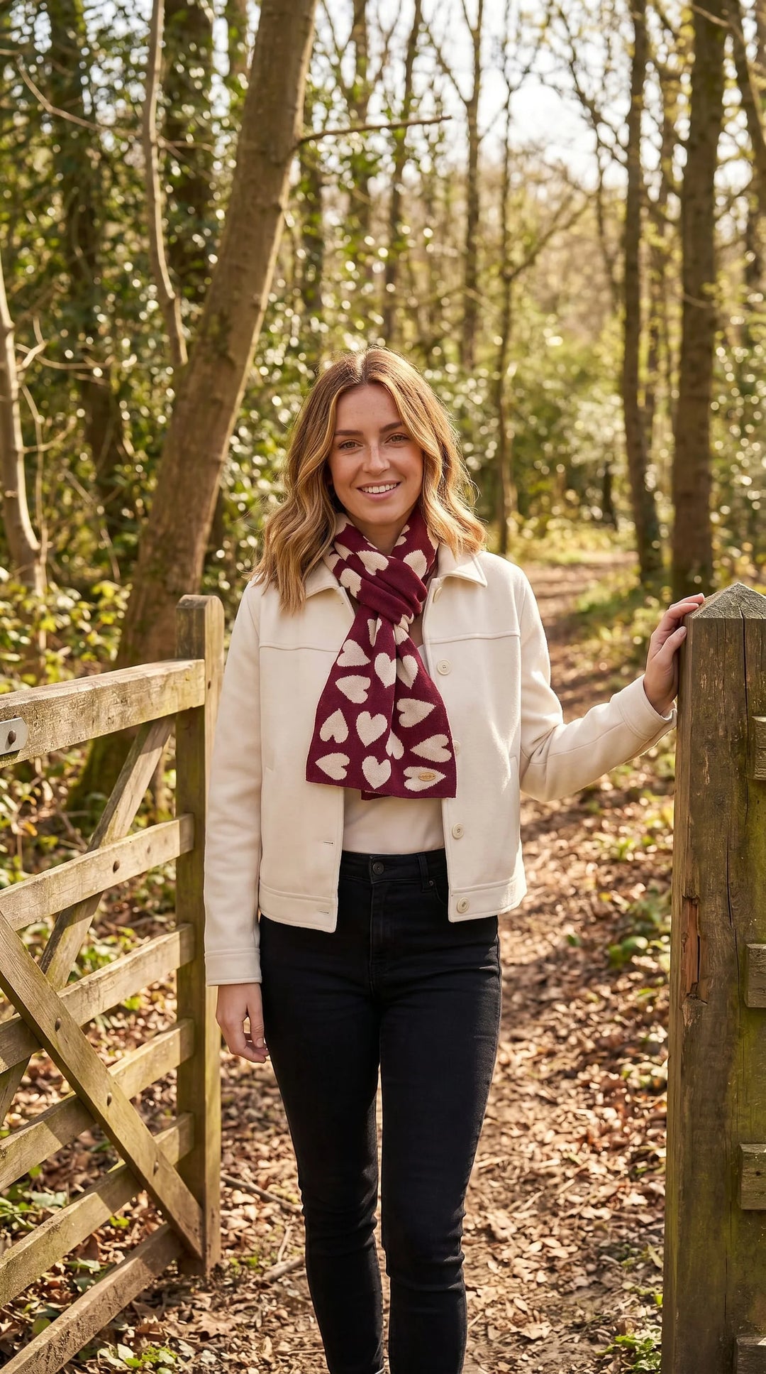 Reversible Heart Knit Pull-Through Scarf - Cream/Burgundy