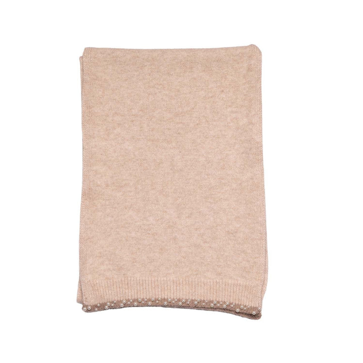 Wool Blend Knitted Scarf with Pearl Edge Detail - Cream