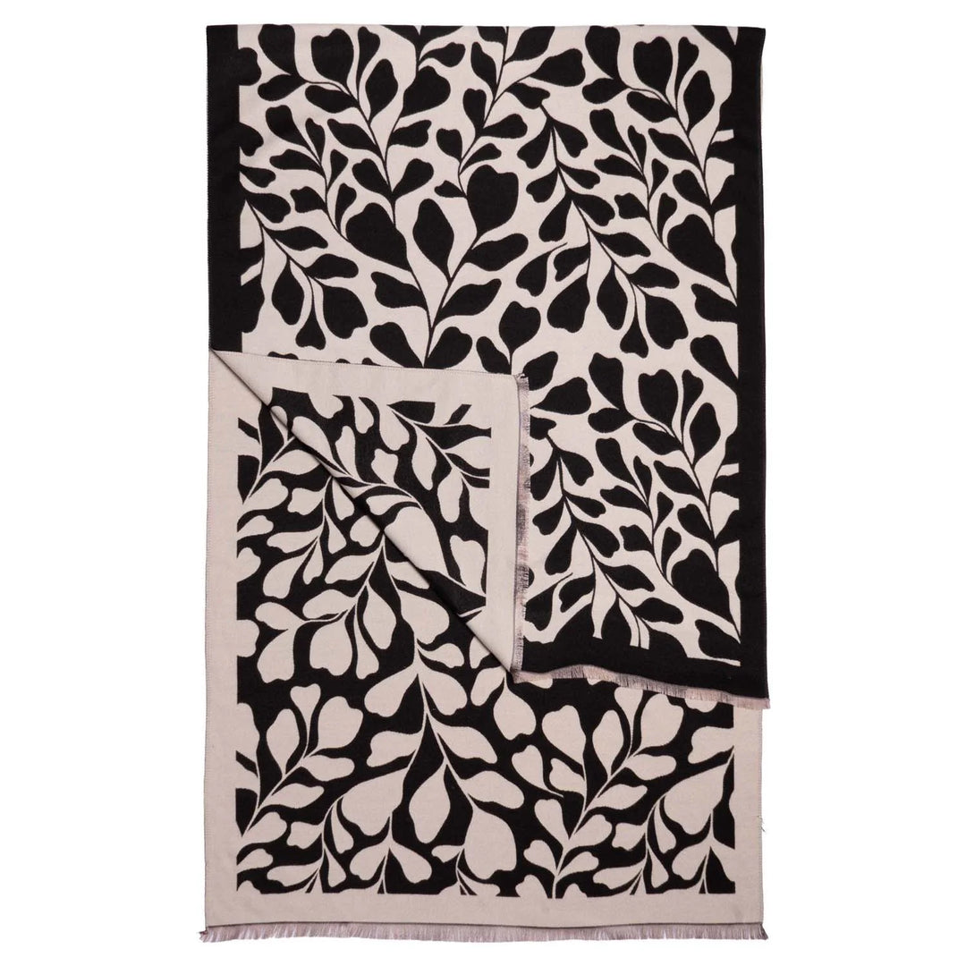 Reversible Fig Leaf Print Wrap Scarf with Fringed Edge - Black
