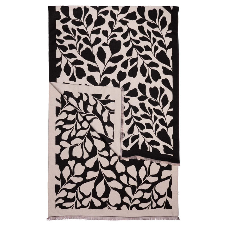 Reversible Fig Leaf Print Wrap Scarf with Fringed Edge - Black