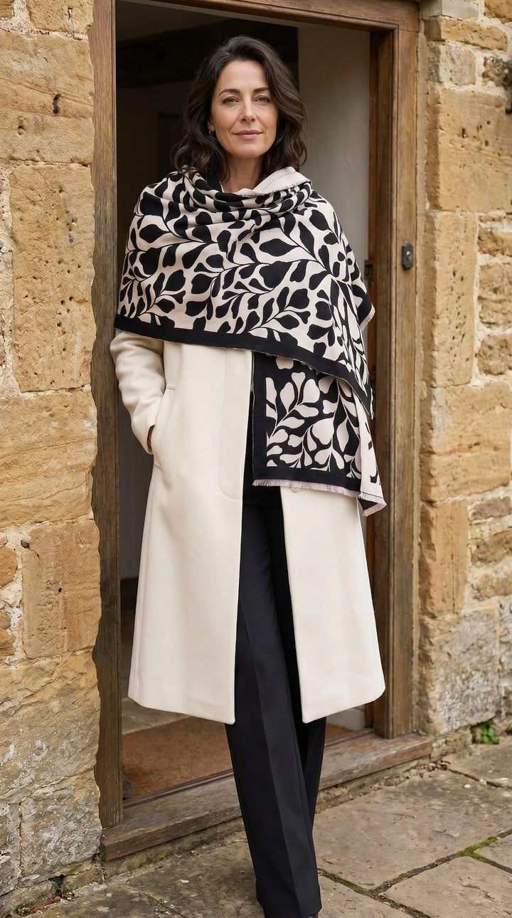 Reversible Fig Leaf Print Wrap Scarf with Fringed Edge - Black
