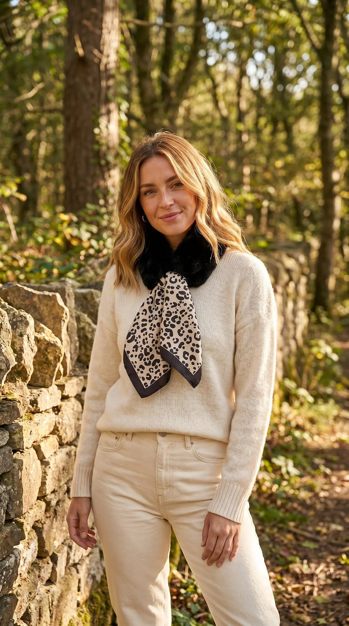 Faux Fur Collar with Animal Print Detail - Black