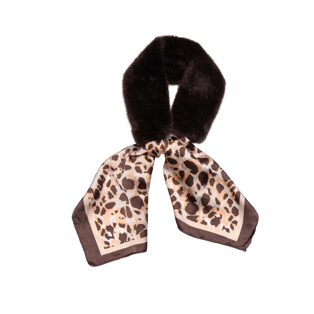 Faux Fur Collar with Animal Print Detail - Chocolate