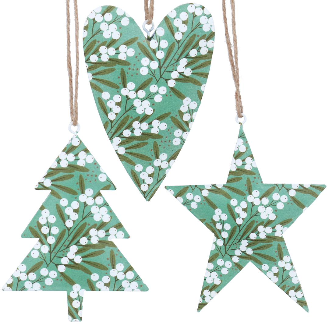 Gisela Graham Christmas Mistletoe green tree, heart, and star tin decorations in assorted designs for holiday decor.