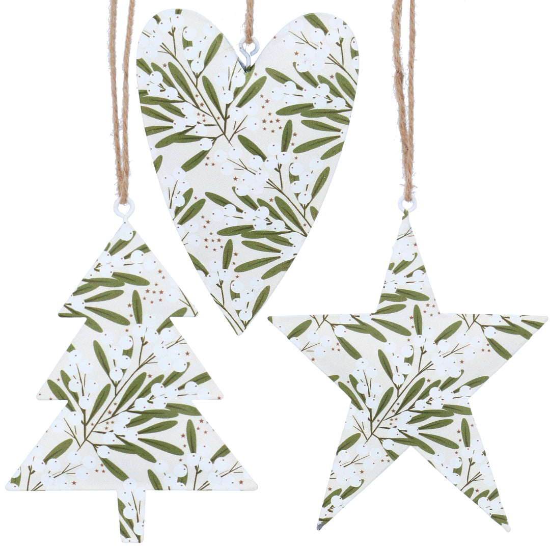 Gisela Graham Christmas mistletoe ivory tin decorations featuring heart and star designs, set of three assorted holiday ornaments