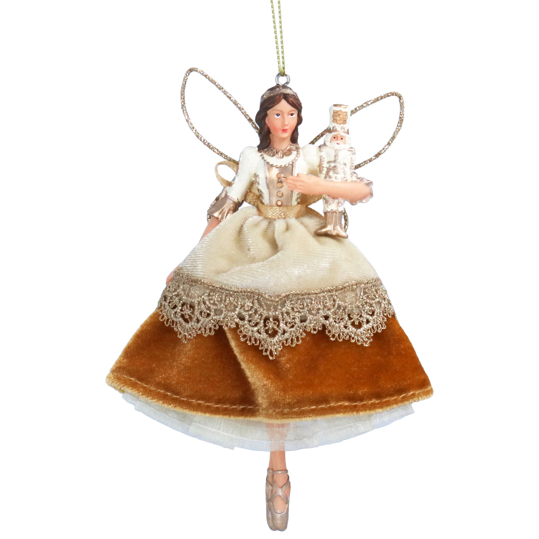 Cream and gold resin fabric Nutcracker fairy decoration from Gisela Graham Christmas collection, featuring intricate details and festive design.
