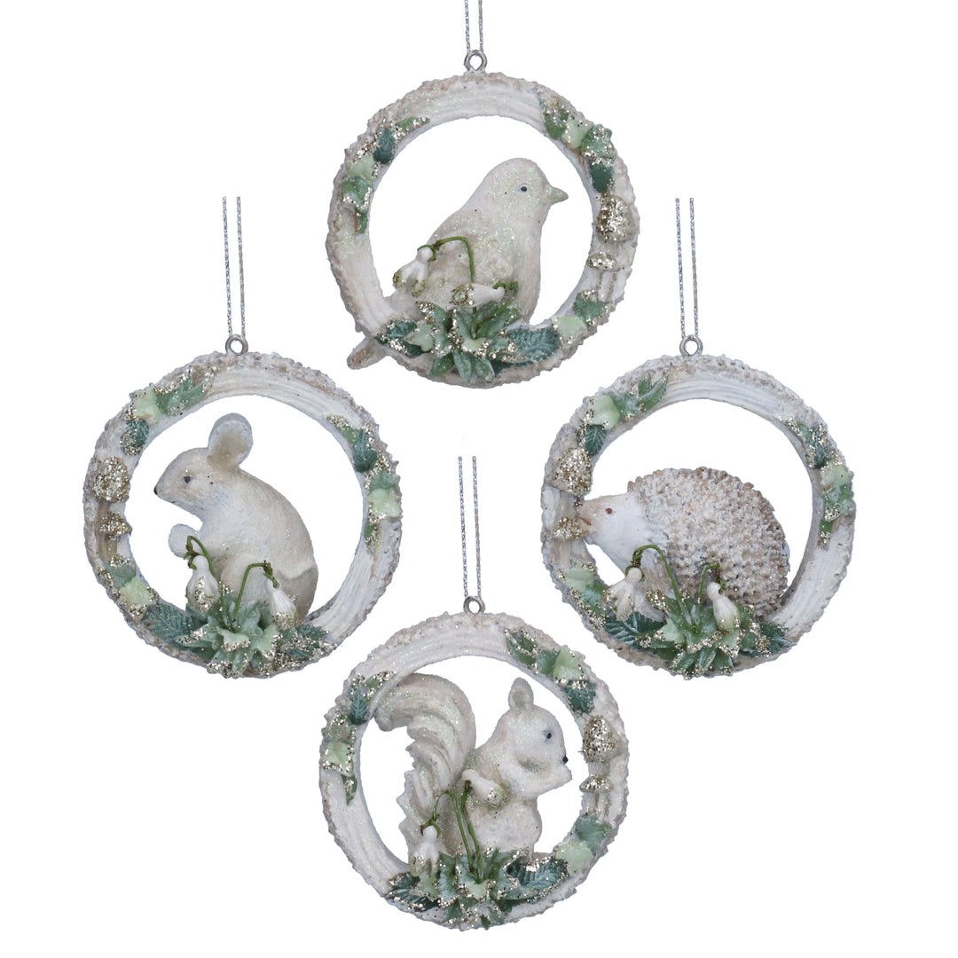 Set of four Gisela Graham resin animal figures in snowdrop log wreath Christmas decoration by Cornucopia Home and Gift