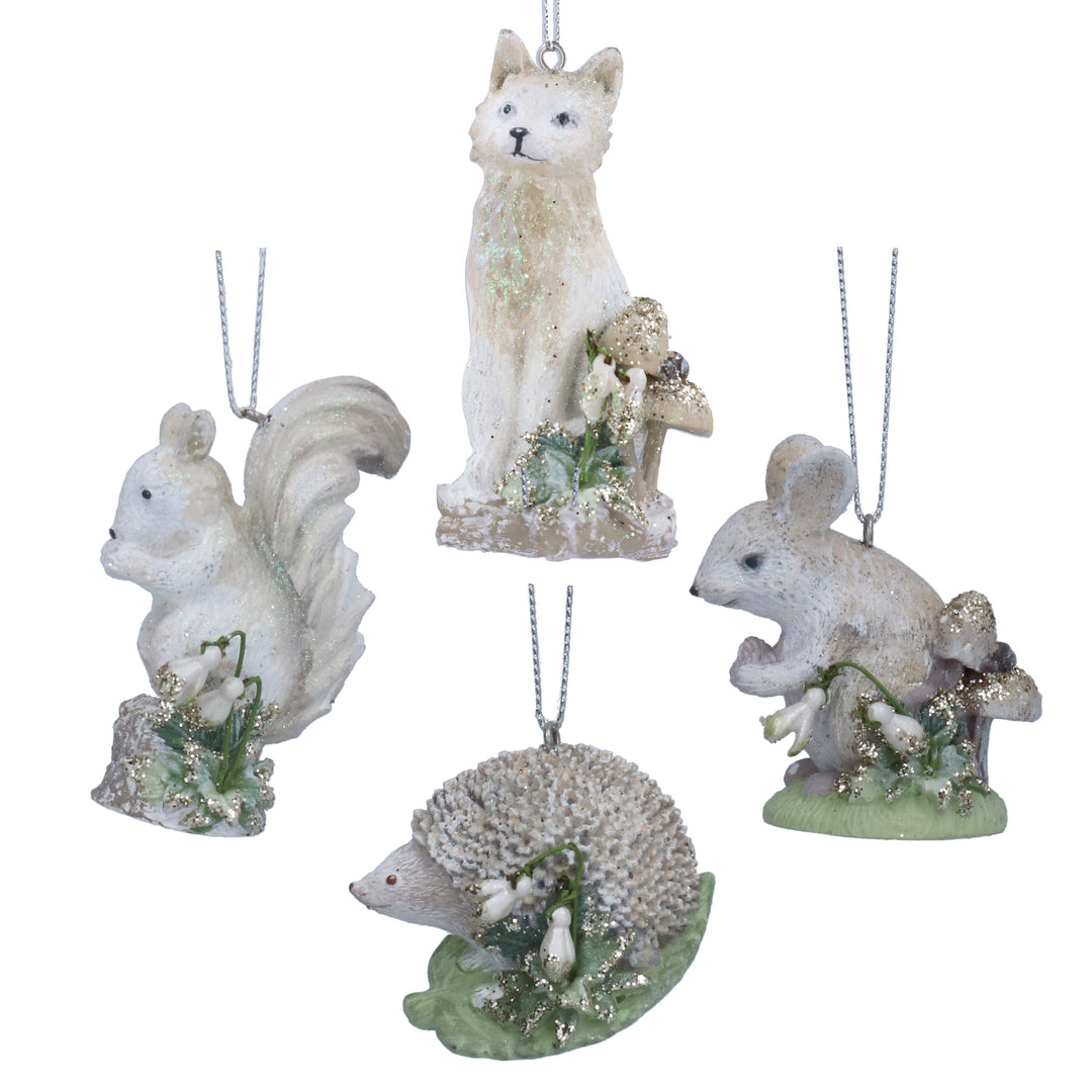 Gisela Graham Christmas resin animal figurines with snowdrop flowers, set of four decorative ornaments for holiday display