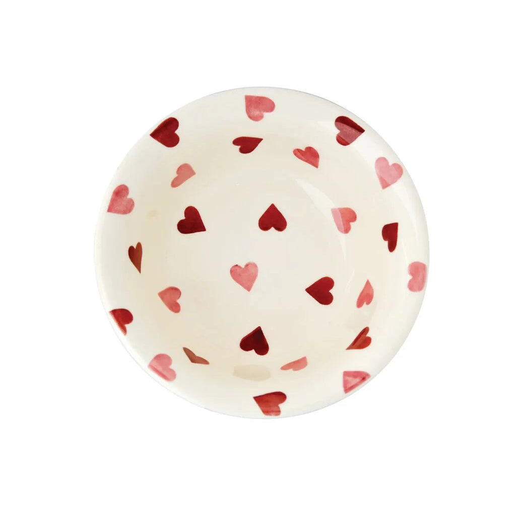 Emma Bridgewater Pink Hearts cereal bowl with a white background and pink heart pattern, showcasing a charming and colorful design.