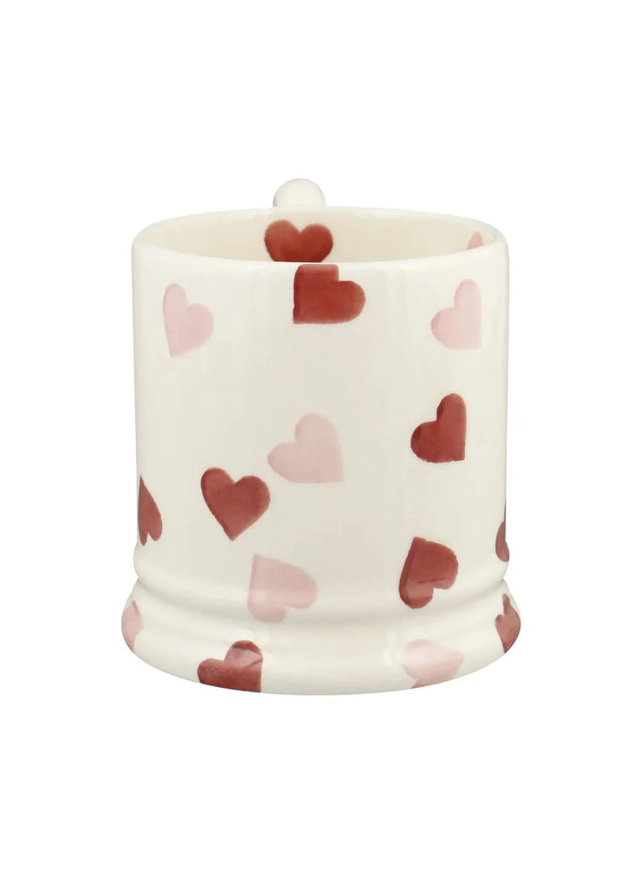 Emma Bridgewater Pink Hearts 1/2 Pint Mug with pink heart pattern on white ceramic, showing the mug&