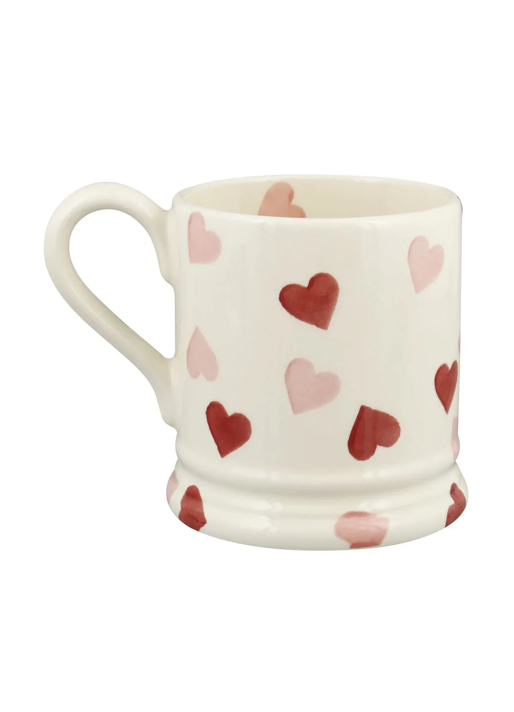 Emma Bridgewater Pink Hearts 1/2 Pint Mug with pink heart pattern on white ceramic, showcasing its charming design.