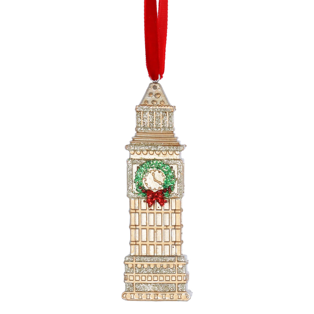 Gold Big Ben Christmas decoration by Gisela Graham featuring a detailed miniature replica of Big Ben in a festive design.