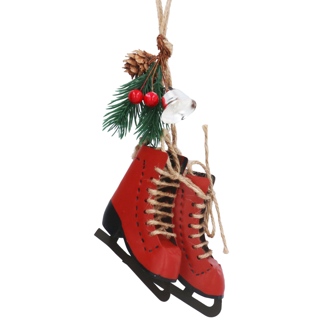 Gisela Graham Red Metal Ice Skate Boots Christmas Decoration with Fir and Bell