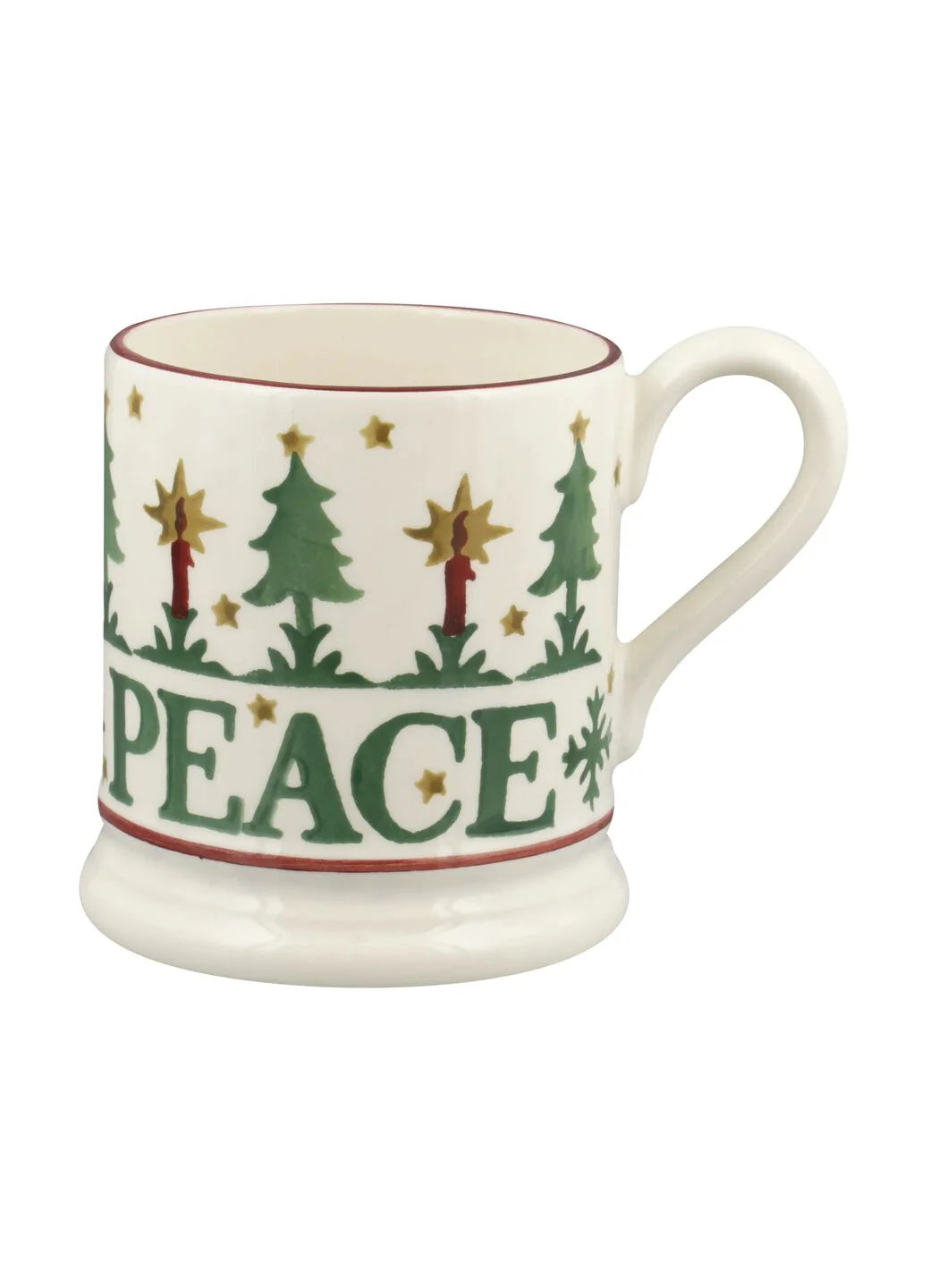 Emma Bridgewater Christmas Joy &amp; Peace set of 2 half pint mugs with festive holiday designs, boxed for gift-giving.