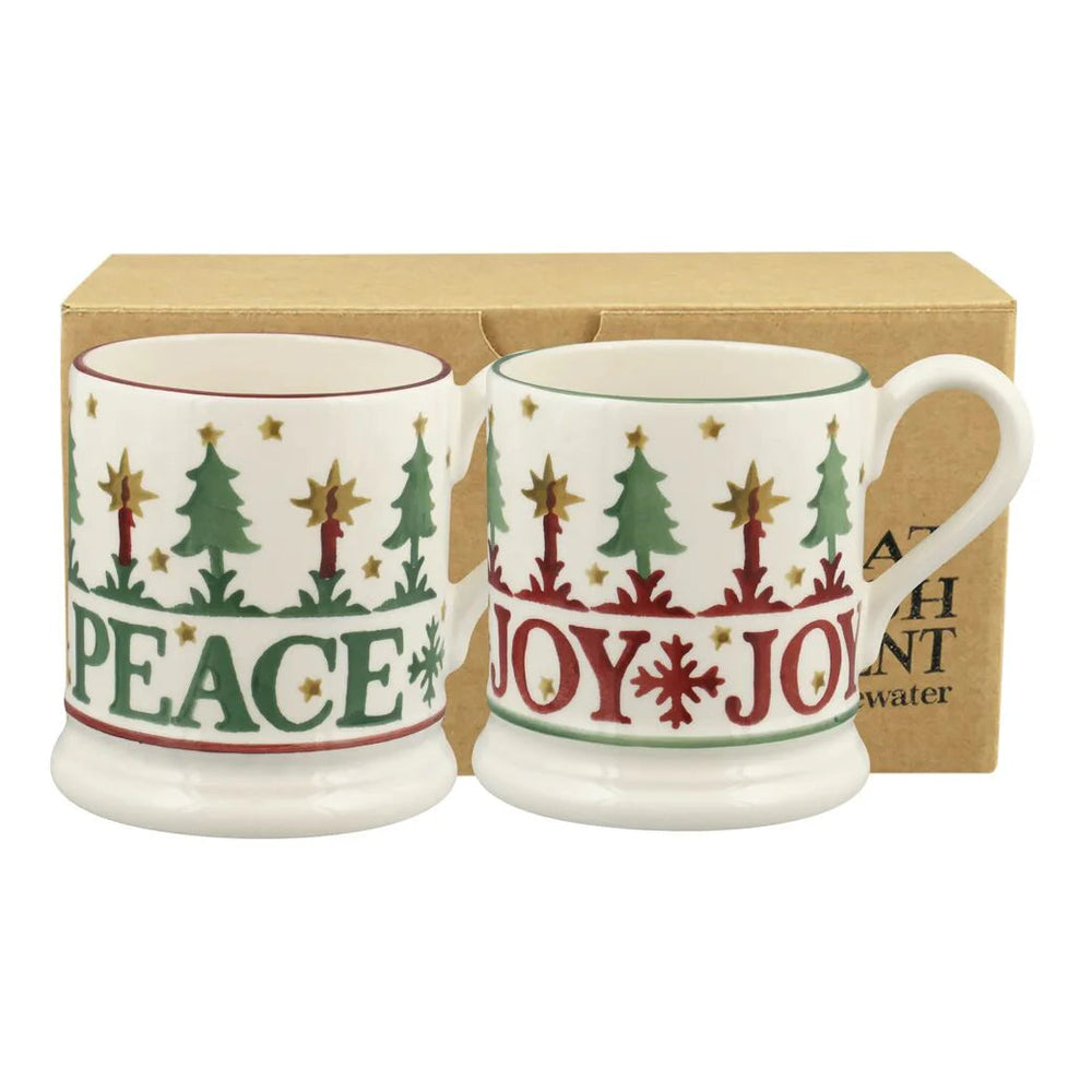 Emma Bridgewater Christmas Joy & Peace set of 2 half pint mugs with festive holiday patterns, boxed for gift-giving