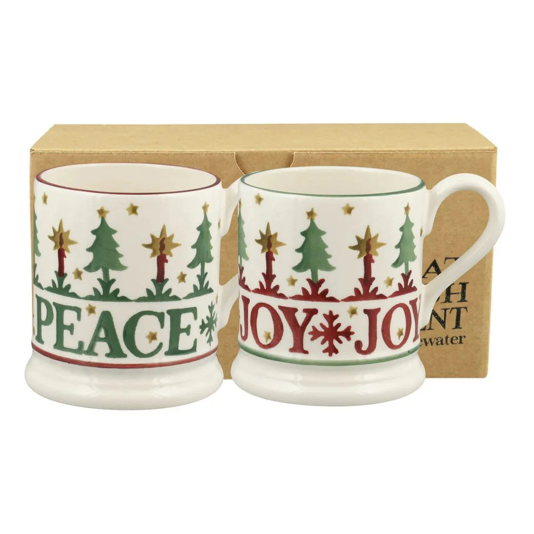 Emma Bridgewater Christmas Joy & Peace set of 2 half pint mugs with festive holiday patterns, boxed for gift-giving
