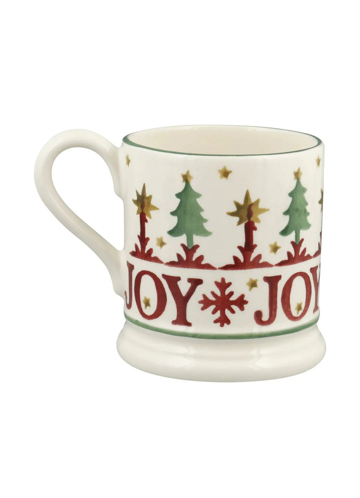 Emma Bridgewater Christmas Joy &amp; Peace set of 2 half pint mugs with festive holiday designs, boxed for gift-giving.