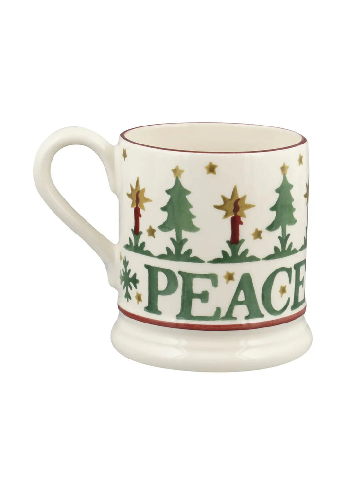 Emma Bridgewater Christmas Joy &amp; Peace set of 2 half pint mugs with festive holiday designs, boxed for gift-giving.