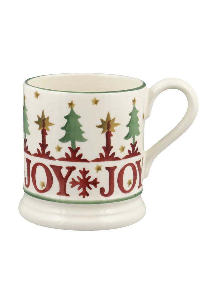 Emma Bridgewater Christmas Joy &amp; Peace set of 2 half pint mugs with festive holiday designs, boxed for gifting.
