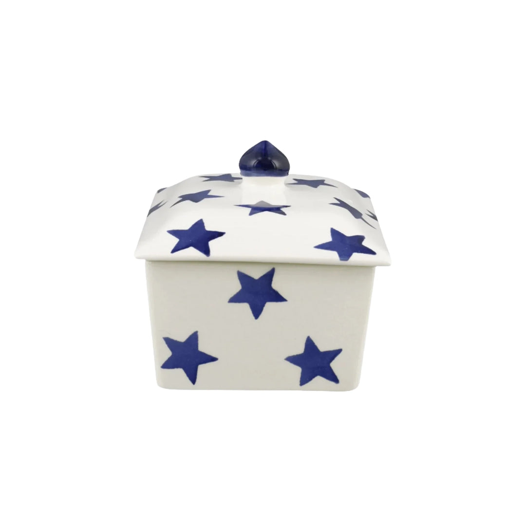 Emma Bridgewater Blue Star small butter dish with blue star pattern, ceramic tableware for serving butter elegantly.