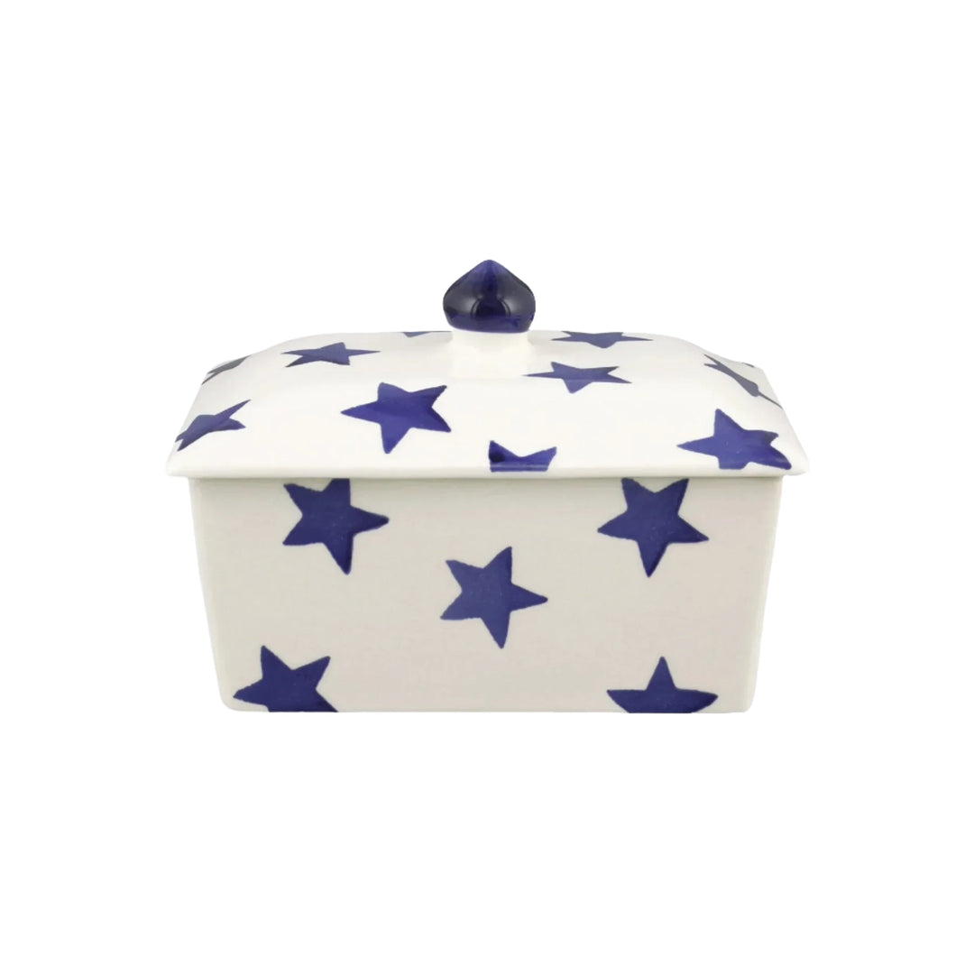 Emma Bridgewater Blue Star small butter dish featuring a blue star pattern on white ceramic, perfect for serving butter.