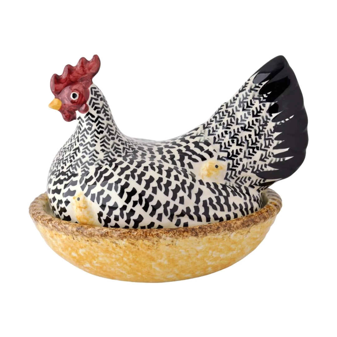 Emma Bridgewater Rise & Shine large hen on nest ceramic plate with detailed hen illustration and nest design.