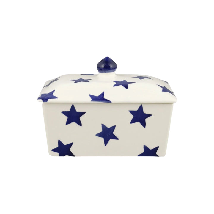 Emma Bridgewater Blue Star small butter dish with a white base and blue star pattern, ceramic tableware for serving butter.