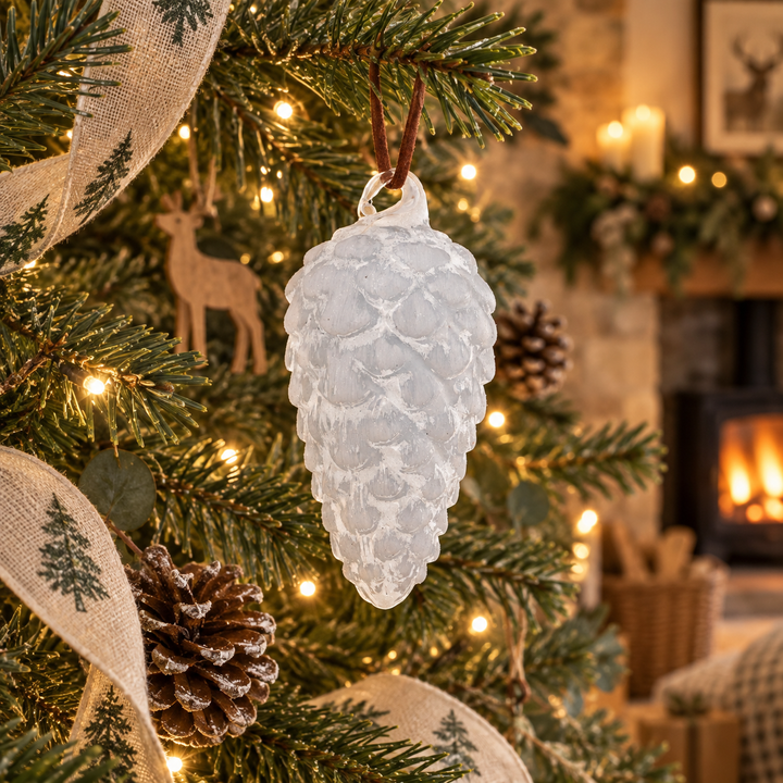 Small Clear White Glass Pine Cone Decoration