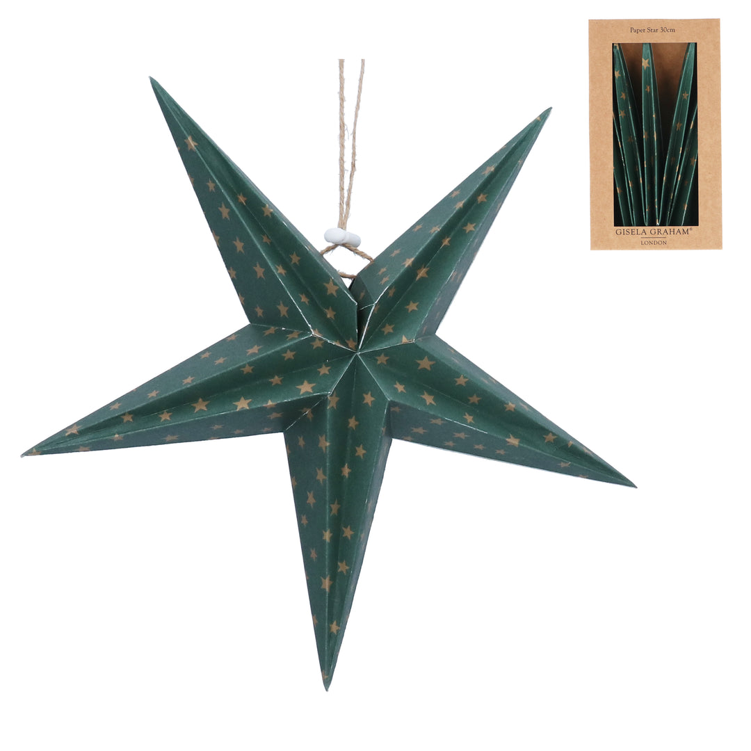 Green star paper decoration with gold star details from Gisela Graham Christmas collection, perfect for holiday home decor