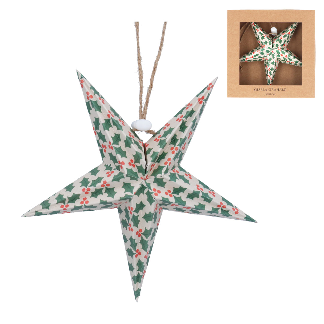 Small fully open Holly pattern paper star decoration by Gisela Graham for Christmas, featuring festive holly design.