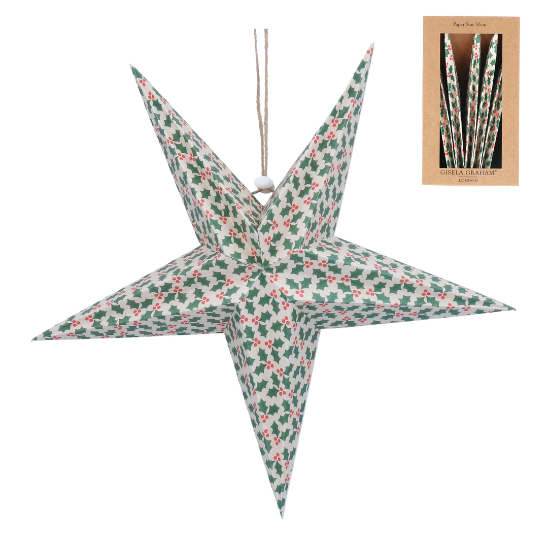 Large Gisela Graham Christmas Holly Pattern Paper Star Decoration with plastic frame, perfect for holiday decor.