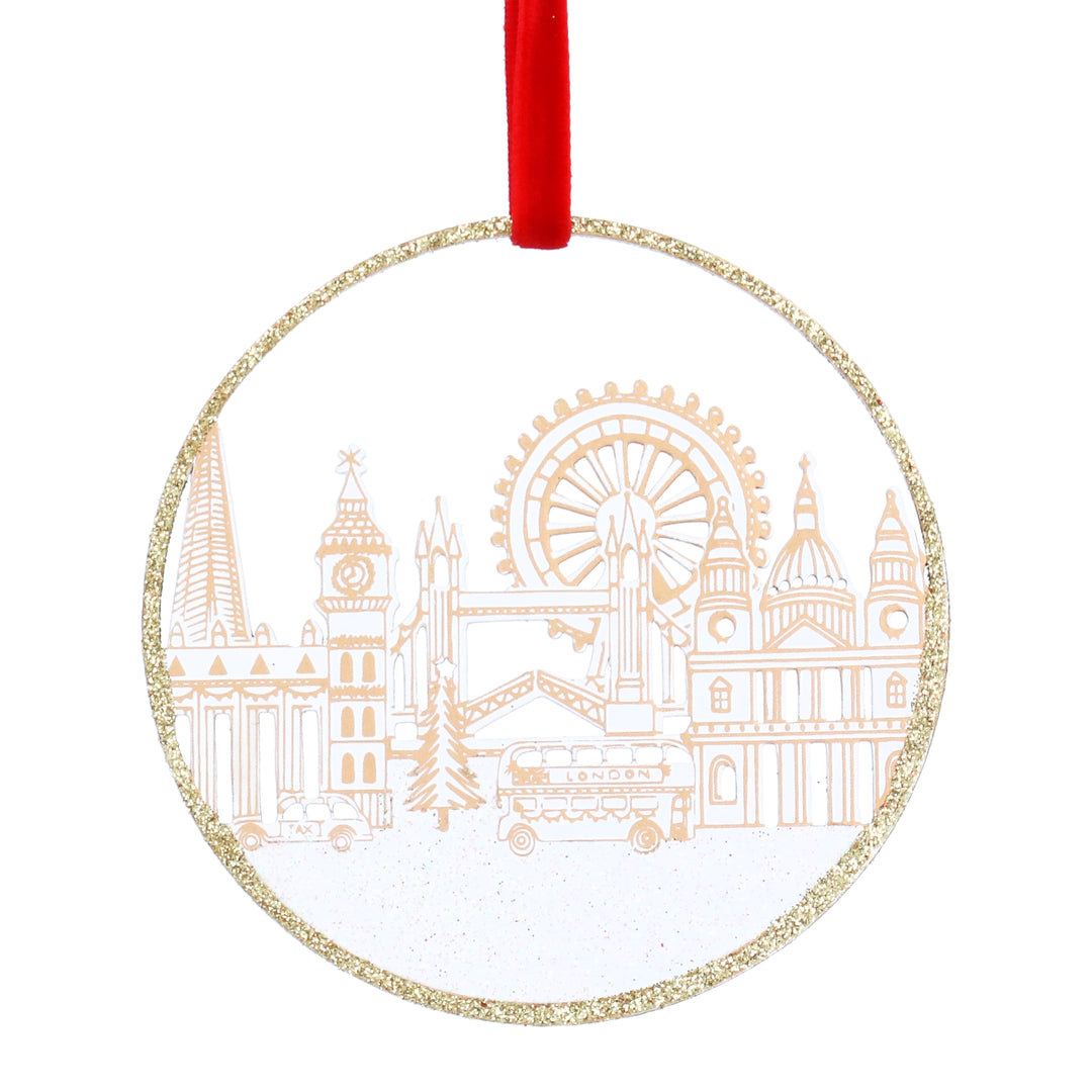 Gisela Graham Christmas Glitter London Scene wood decoration featuring iconic London landmarks with festive glitter accents.