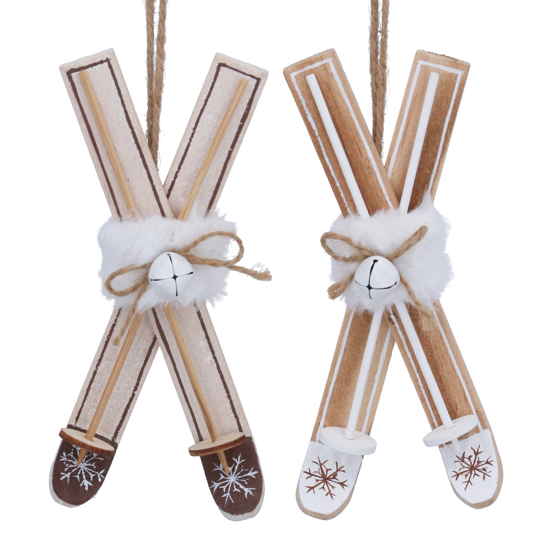 Pair of Gisela Graham Christmas wood skis with snowflake tip decoration, featuring rustic design and festive holiday accents.