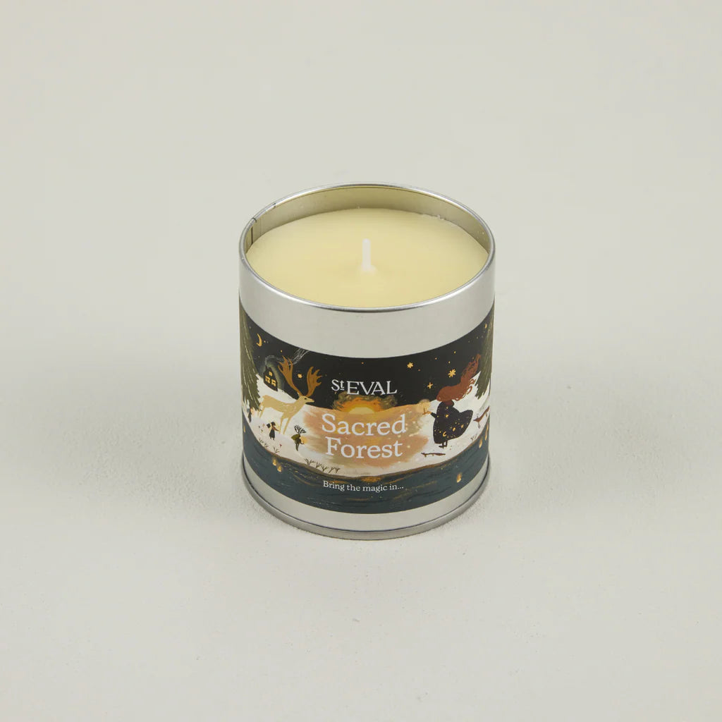 St Eval Christmas Sacred Forest scented tin candle with festive forest design, ideal for holiday home decor and aromatic ambiance.