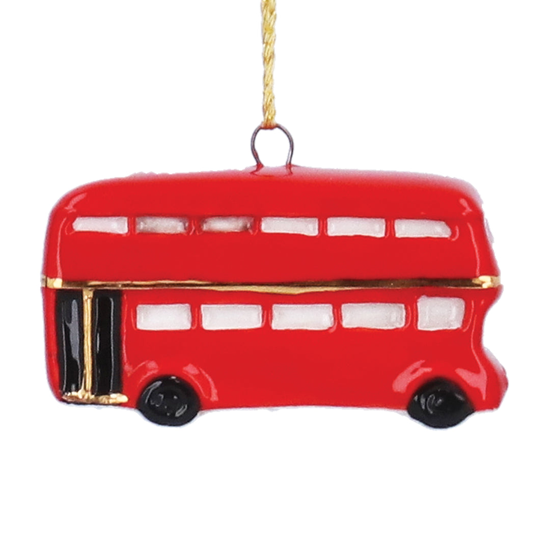 Gisela Graham London Bus ceramic Christmas decoration in red and white, featuring a detailed vintage bus design.