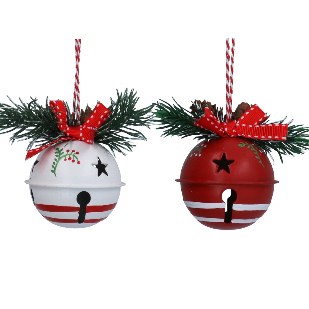 Gisela Graham Red &amp; White Metal Sleigh Bell Christmas Decoration with Sprig