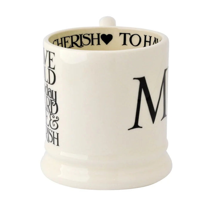 Emma Bridgewater Black Toast Mr &amp; Mrs half pint mugs set, featuring black and white toast design, displayed in a box.
