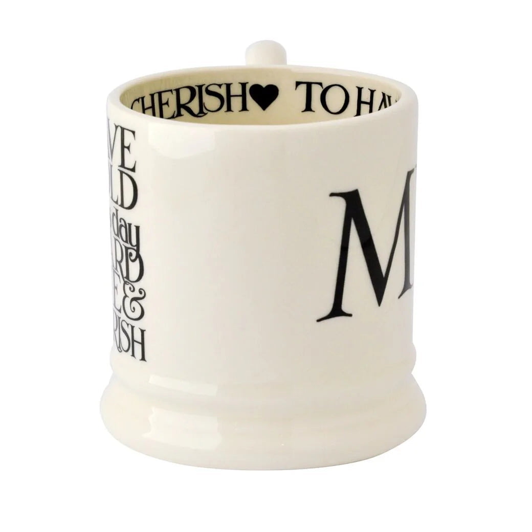 Emma Bridgewater Black Toast Mr and Mrs half pint mugs set, featuring classic black and white toast design, in a boxed presentation.