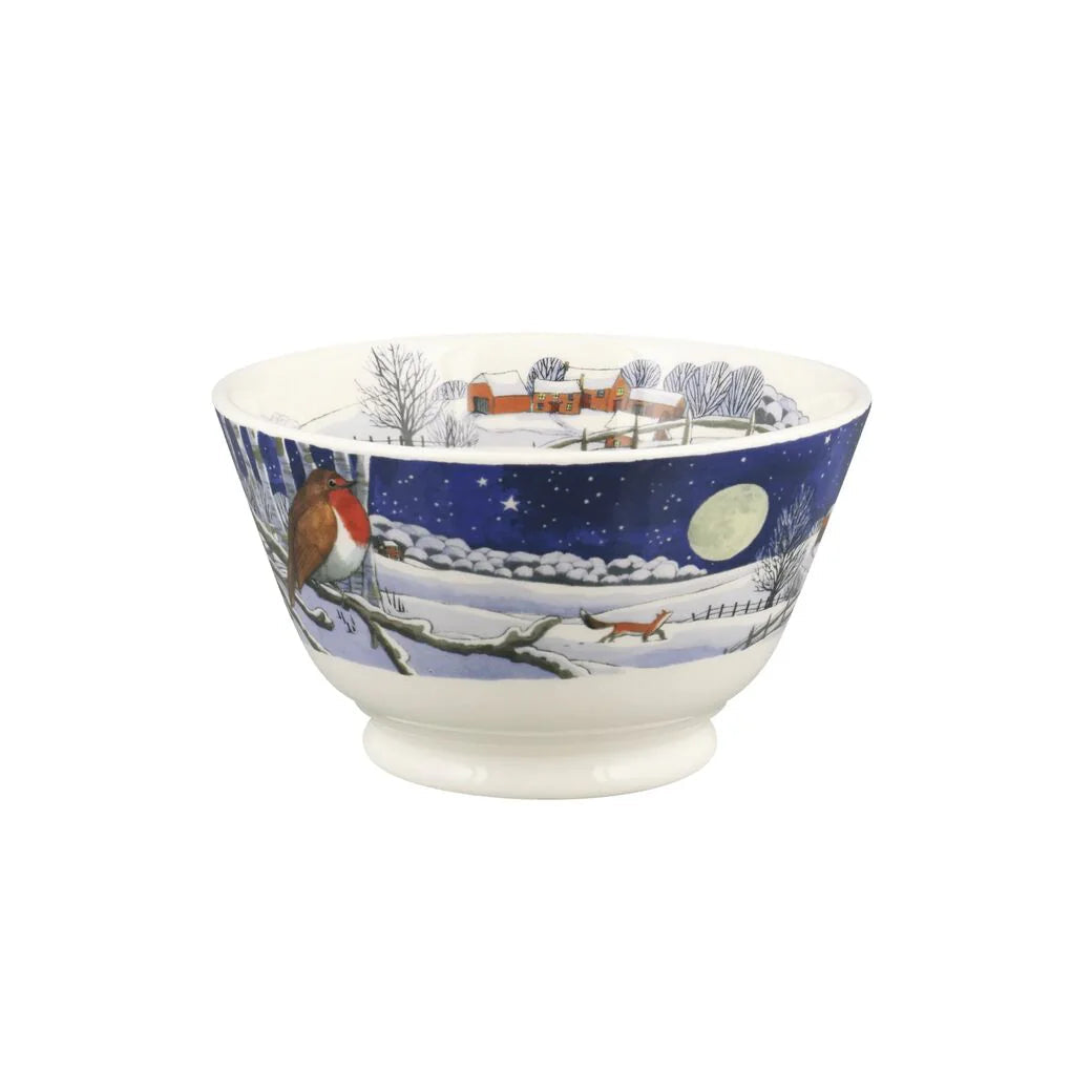 Emma Bridgewater Christmas Midnight Robin Small Old Bowl with festive robin design and intricate patterns on ceramic.