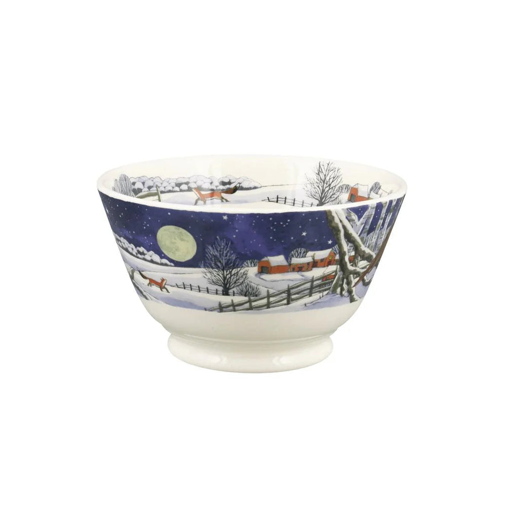 Emma Bridgewater Midnight Robin small Christmas bowl with festive robin and snowflake design on white ceramic.