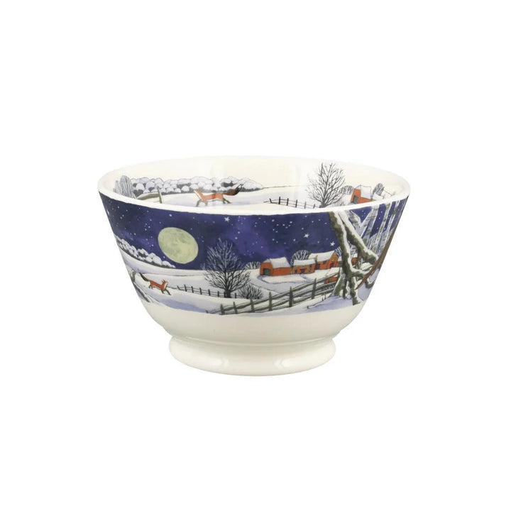Emma Bridgewater Midnight Robin small Christmas bowl with festive robin and snowflake design on white ceramic.