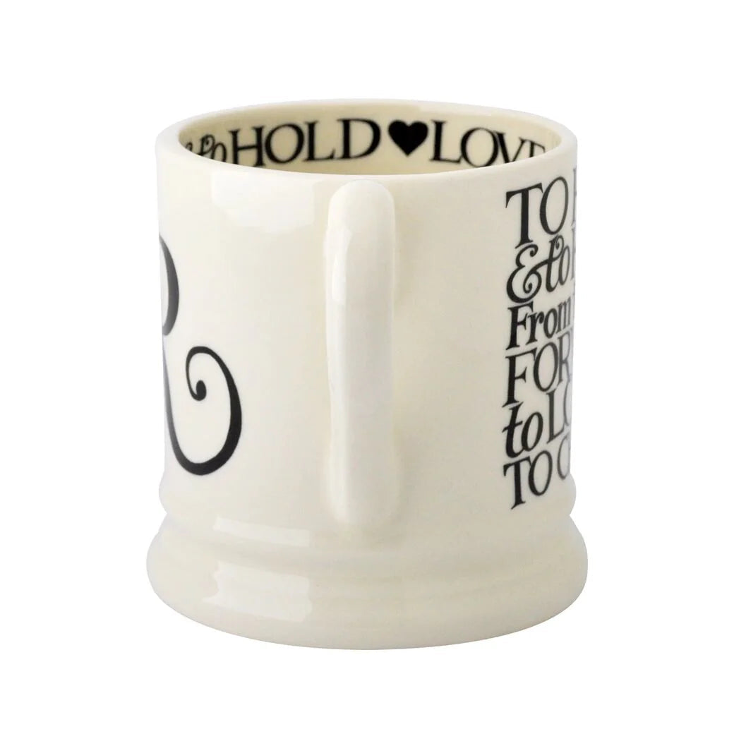 Emma Bridgewater Black Toast Mr &amp; Mrs half pint mugs set, featuring black toast design, boxed for display or gifting.