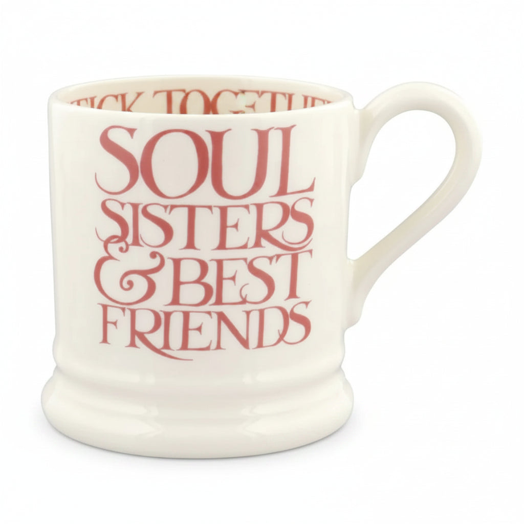 White mug with red text 'Soul Sisters & Best Friends' on a white background
