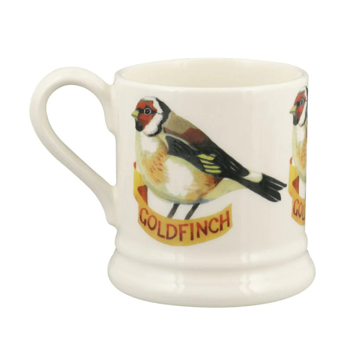 Emma Bridgewater Birds Goldfinch ½ Pint Mug featuring a goldfinch bird illustration on white ceramic with a gold rim.