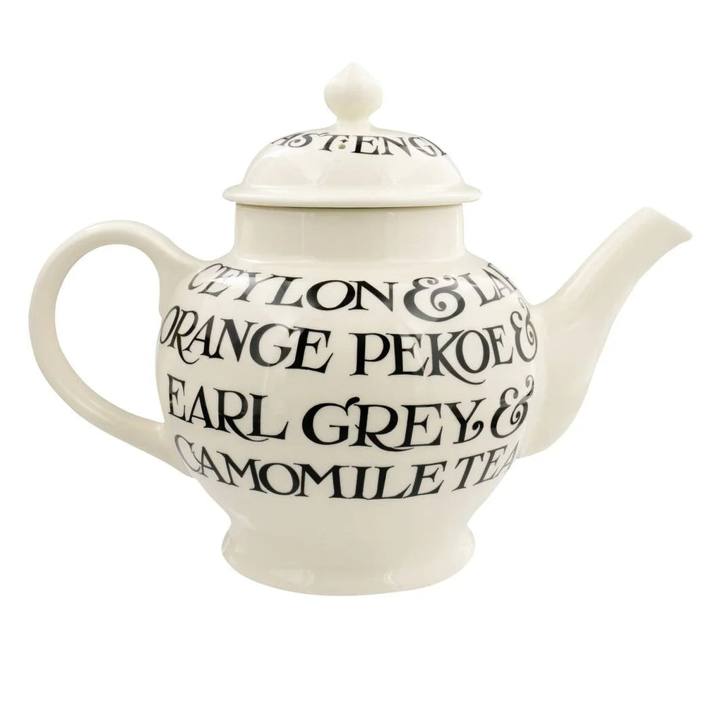 Emma Bridgewater Black Toast 4 Mug Teapot in box, featuring classic black and white toast pattern, ceramic material, and detailed design.