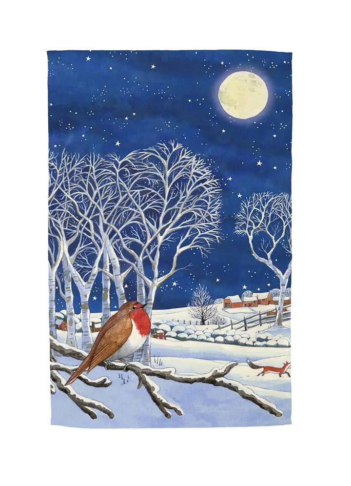 Emma Bridgewater Midnight Robin Christmas tea towel featuring a festive robin design on soft fabric.