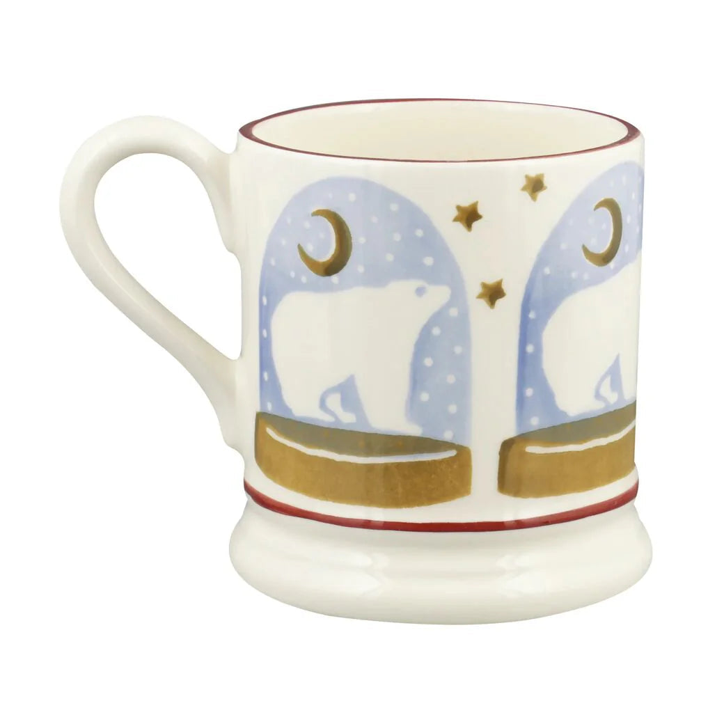 Emma Bridgewater Christmas Polar Bear Snow Globe Half Pint Mug with snow globe featuring polar bear design and festive holiday scene.
