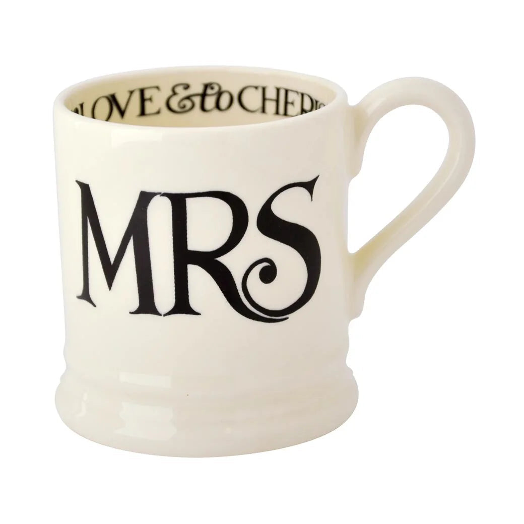 Emma Bridgewater Black Toast Mr &amp; Mrs set of 2 half pint mugs with boxed packaging, featuring classic black and white toast design.